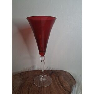 Ruby Red Glass Champagne Flute Conical Bowl Clear Knobbed Stem Barware